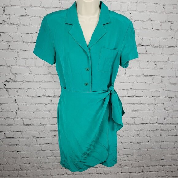 VTG Pat Argenti Green 100% Silk Short Sleeve Buttoned Wrap Tie Dress Size 6 - Picture 1 of 15